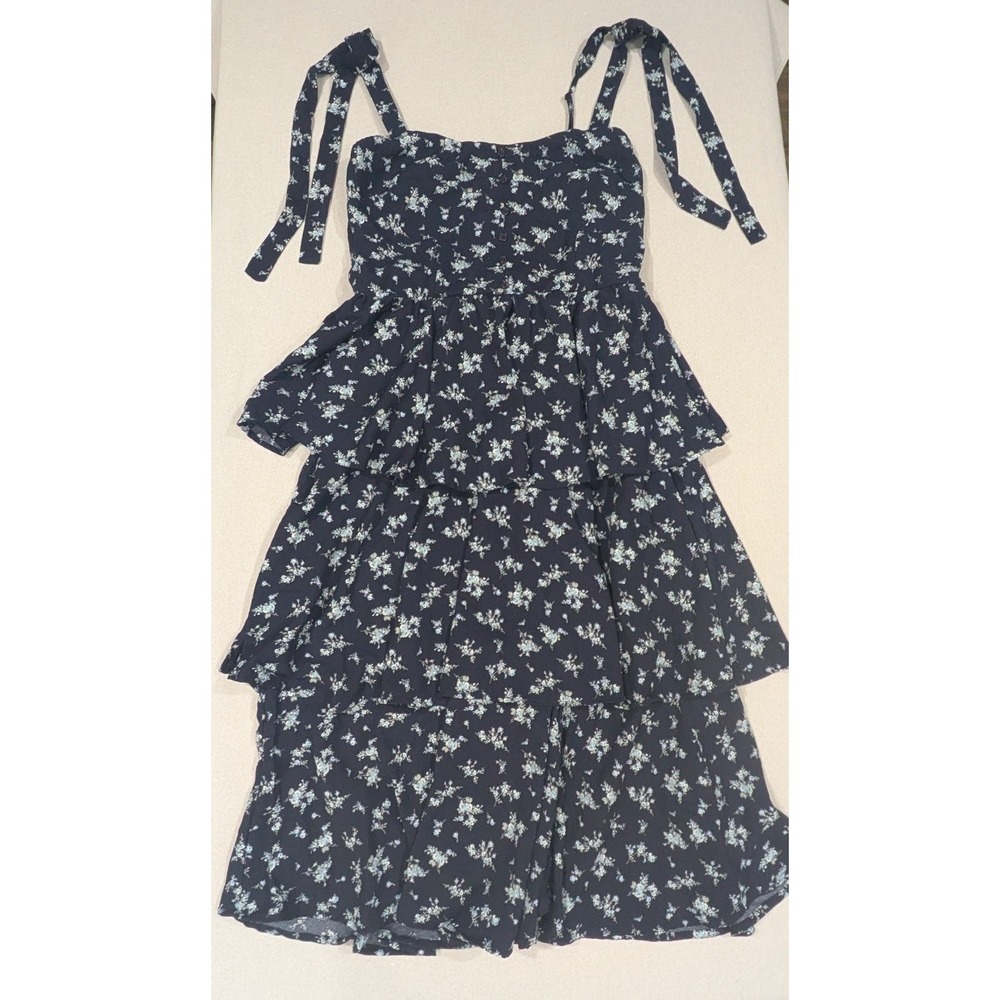 Altar'd State Tiered Dress Womens L Navy Blue Excellent Floral Tie Shoulder